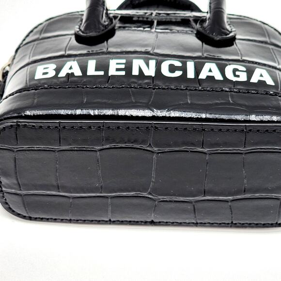 BALENCIAGA Black Calfskin Logo Crocodile Embossed Mini Ville Top Handle Bag XXS - Picture 7 of 16